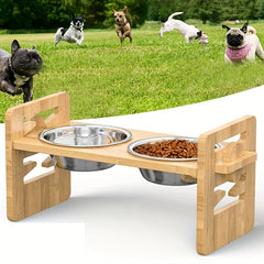 Stainless Steel Double Bowl Feeding Station with Non-Slip Bamboo Base - Ergonomic Design for Easy Access, Perfect for Dogs and Cats, Pet Feeding Station, Pet Food Storage, Modern Petware, Durable Petware