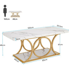 47 Inches Modern Coffee Tables for Living Room, 2-Tier Faux Marble Wood Coffee Table with Storage, Large Center Table with Gold Metal Legs