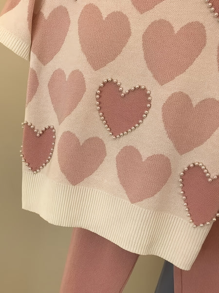 Women'S Korean-Style Heart-Shaped Printed Set - Short-Sleeved Beaded Top And Sweatpants, Casual Elegant Heart Pattern Outfit, Round Neck with Pockets, Casual Wear/Elegant /Beaded Details, Sweater Set