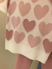 Women'S Korean-Style Heart-Shaped Printed Set - Short-Sleeved Beaded Top And Sweatpants, Casual Elegant Heart Pattern Outfit, Round Neck with Pockets, Casual Wear/Elegant /Beaded Details, Sweater Set