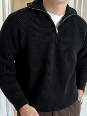 Men's Solid Color Minimalist Raglan Sleeve Thick Zip-Up Sweater for Autumn/Winter