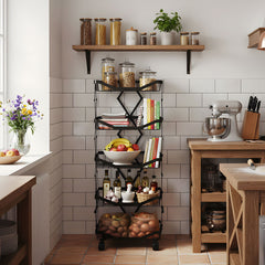 Foldable Kitchen Organizer Cart with 360° Rotating & Multi-Tier Shelves, Large Capacity Metal Vegetable Cart & Organiser - Portable, Space-Saving Storage for Pantry, Utility Room & Kitchen