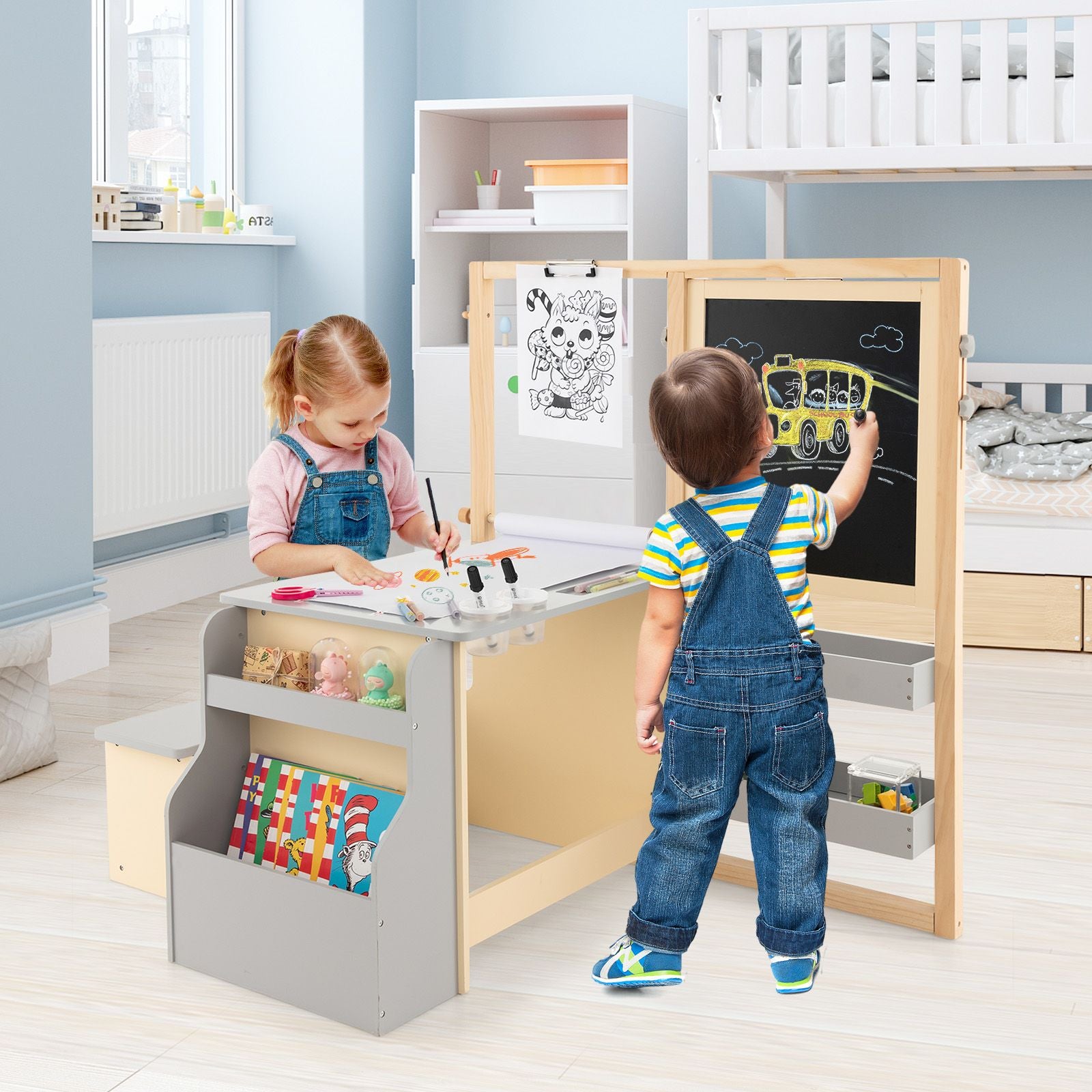 Kids Art Easel Table and Bench Set with Adjustable Easel and Bookshelf ...