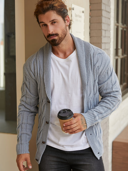 Men'S Solid Cable Knit Cardigan Fall Winter Button-Up Knit Coat