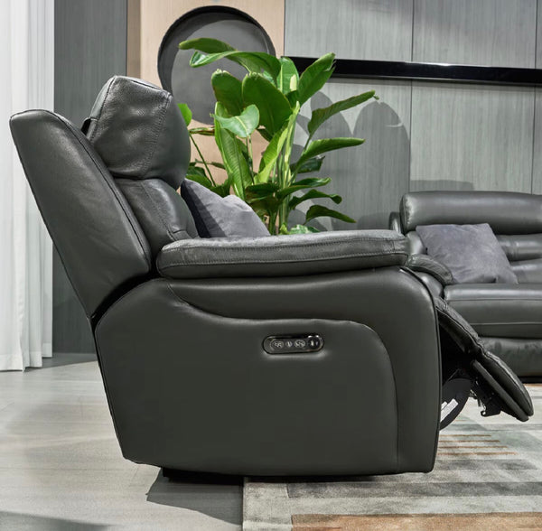 Fletcher Dark Grey Leather Power Reclining Large 2 Seater Sofa with Power Headrest