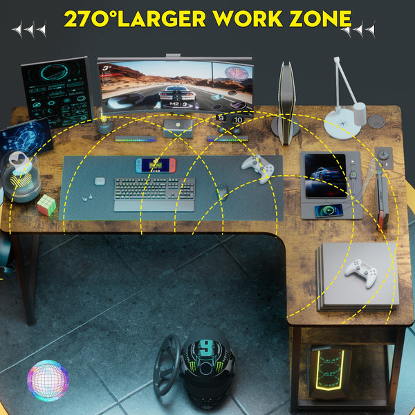 L Shaped Gaming Desk with Power Outlets Corner Computer Desk 110x80CM with Shelves Headphone Hook PC Table Workstation for Home Office Bedroom
