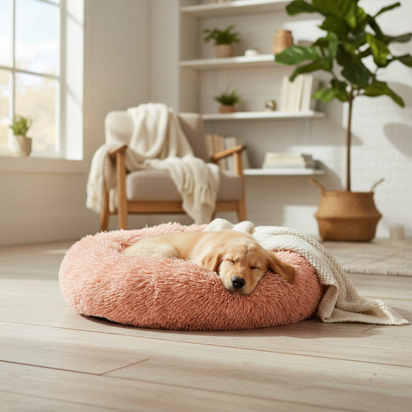 40/50/60/70cm Round Plush Donut Dog/Cat Bed Cuddler Pet Cushion Self-Warming Bed Washable Dog Bed with Non-Slip and Waterproof Bottom Calming Dog Bed
