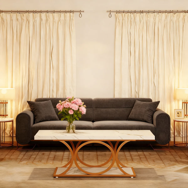 Contemporary 46.45-Inch Rectangular Coffee Table Featuring a Dual-Tier Storage Shelf, Faux Marble Wood Surface, And Elegant Geometric Golden Legs, Ideal for a Living Room