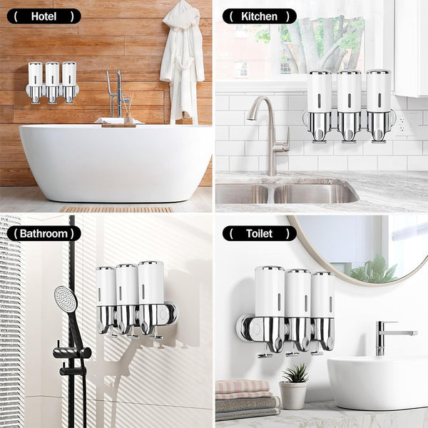 Household Three-Head Wall-Mounted Soap Dispenser Manual Press Shampoo Shower Gel Bathroom Liquid Soap Storage Box White