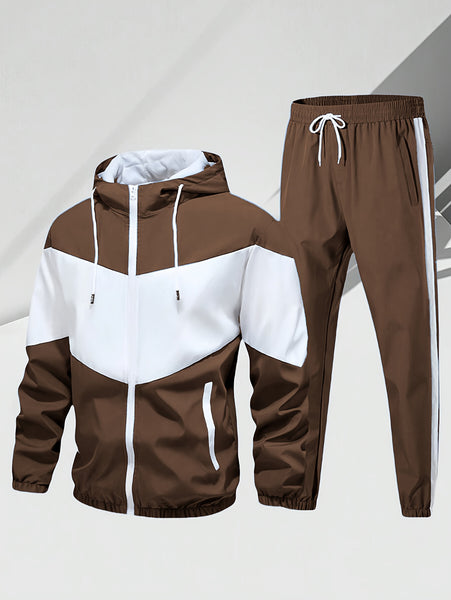 Men'S Casual 2pcs Athletic Set Unisex Couple All-Season Spring Autumn Loose Color-Block Athletic Outfit Hooded Sweater Zip-Up Jacket Long Sleeve Outerwear Long Pants Jogging Trousers Gym Workout Running Outdoor Set Elastic Pants Hoodie Top And Botto