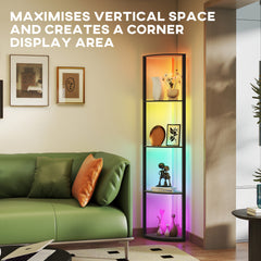 LED Floor Lamp with Shelves, 5-Tier Dimmable Standing Lamp with Adjustable Brightness and Foot Switch, Modern Corner Display Shelf Unit for Living Room Bedroom Office