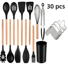 12pcs/22pcs/30pcs/37pcs, Kitchen Utensils Set, Kitchen Cooking Utensils Set, Spoon, Spatula, 446F Heat Resistant Non Stick Food Grade Silicone And Wooden Handles, Measuring Cups And Spoons, S Hooks