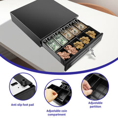 Cash Box Money Till Drawer with 5 Bill 5 Coin Removable Trays, Cash Register Drawer Manual Open, Key-Lock Adjustable Removable Cash Tray Till