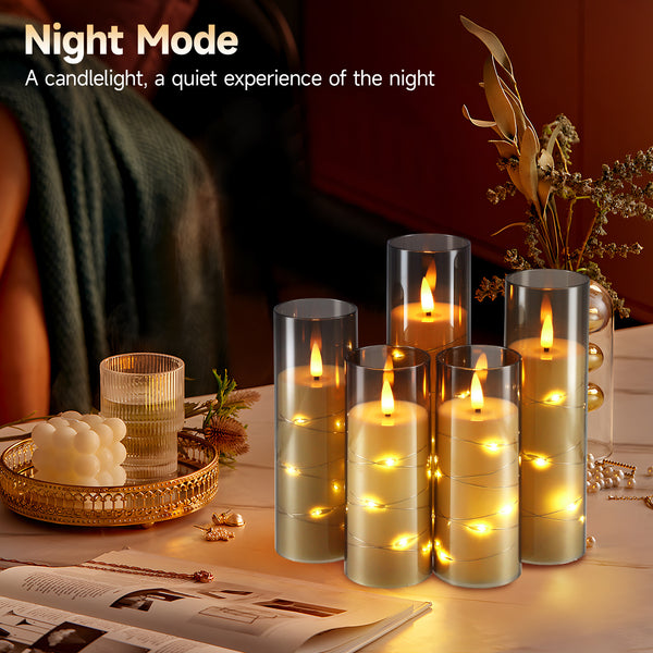 5-Pack LED Flameless Candles with Remote, Battery Operated Flickering Flame Effect Candles with Timer and Embedded String Lights, Realistic Glass Electric Candles for Home Decor