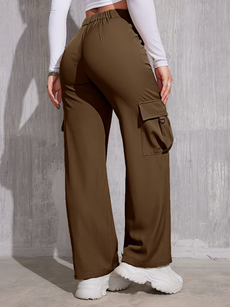 Flap Pocket Solid Color Cargo Pants, Y2K Slant Pocket Button Front Every Day Pants, Women's Clothing