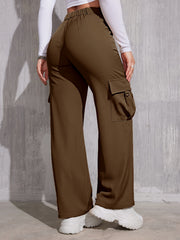 Flap Pocket Solid Color Cargo Pants, Y2K Slant Pocket Button Front Every Day Pants, Women's Clothing