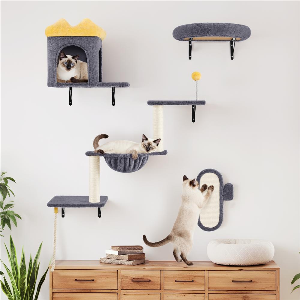 Costoffs Cat Tree Wall-Mounted Cat Furniture, Cat Wall Shelves & Perches, Climbing Shelves, Indoor Cat Tower, Wall-Mounted Cat Climbing Tree Set with Condos, Baskets & Scratching Posts, Space-Saving Cat Wall Furniture for Indoor Cats, Beige/Dark Gray