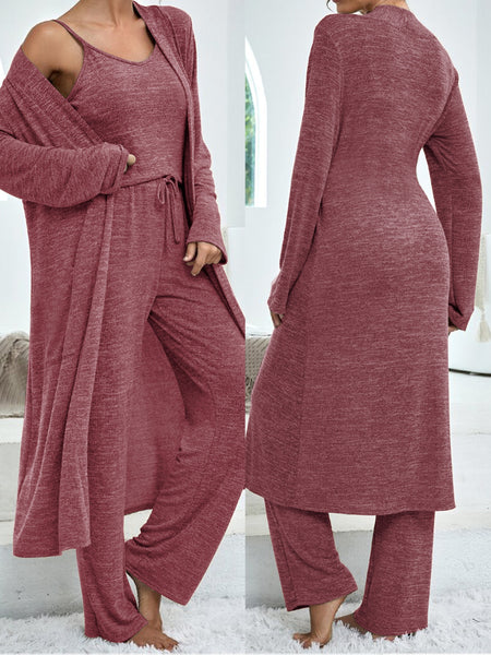 Women's casual home suit solid color mid-length cardigan solid color camisole imitation lace-up trousers three-piece suit for women