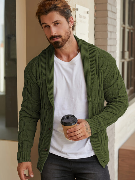 Men'S Solid Cable Knit Cardigan Fall Winter Button-Up Knit Coat