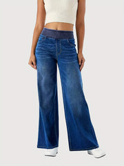 Women's High-Waisted Stretch Wide-Leg Jeans - Elastic Waist Denim Pants with Water-Washed Texture