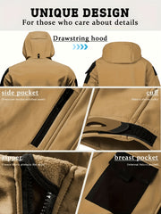 Men'S Fleece Warm Softshell Jacket Outdoor Camping Mountaineering Skiing Hiking Jacket Multi-Pocket Hooded Tactical Coat Autumn And Winter Workwear