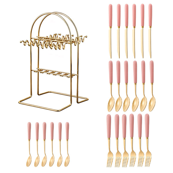 24pcs Stainless Steel Tableware Set with Ceramic Handles, Fork Spoon Set with Utensil Holder, for Home Use/Restaurant, Serves for 6 People
