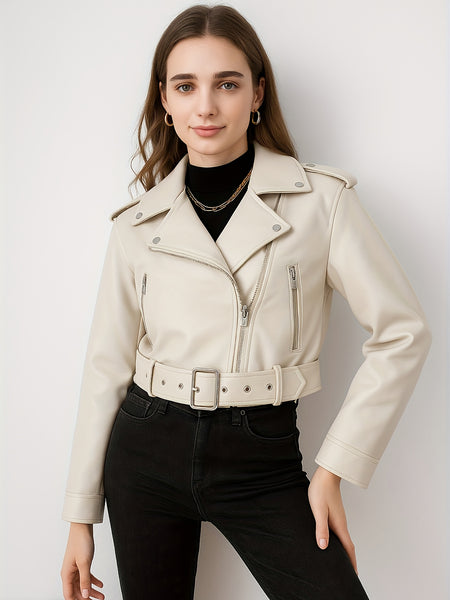 Women'S PU Motorcycle Jacket with Full-Zip Front Closure, Asymmetrical Zipper & Belted Waist - All-Season Casual Biker Jacket, Regular Fit Long Sleeve, Full-Length Zipper & Buckle Closure, White/Black Color Options for Everyday & Motorcycle Riding - Durab