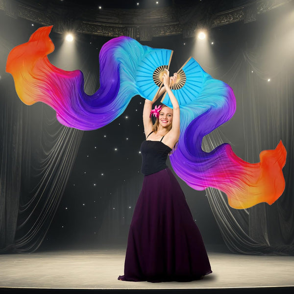 2pcs Women Belly Dance Fans Dancing Fans Colorful 180Cm Long Streamers Veil Fan Chinese Bamboo Foldable Fan for Dancing Performances