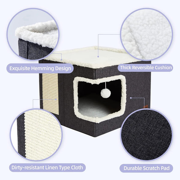 1pc Large Cat Cube House Cosy Foldable Bed Pet Cave Furry Soft Cushions Scratch Pads 42X42X36CM
