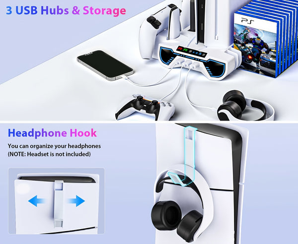 For Ps5/Slim/Pro Cooling Station And Controller Charging Station with RGB Stand for Playstation 5 Console - for PS5 Controller Charger, Cooling Stand Accessory Kit-Cooler Fan/Headset Holder/3 USB Hub, White