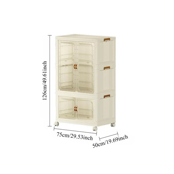 Modern Home Bedroom Armoires, Plastic Installation-Free Multipurpose Locker with Pulleys, Foldable Clothes Storage Cabinet for Living Room Bedroom or Cloakroom, Cream White