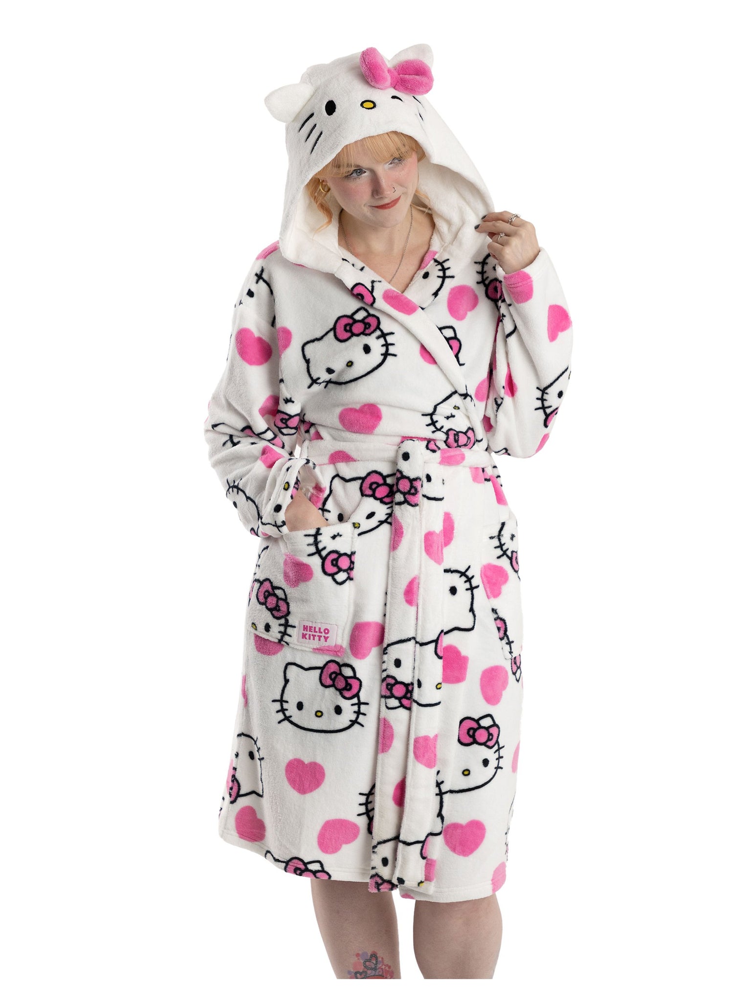 Hello Kitty Womens White Hooded Bathrobe | Cosy Fleece Loungewear with Pink Accents & Long Sleeves | Cartoon Character Design | Perfect for Relaxing Days | Hello Kitty Merch - Medium