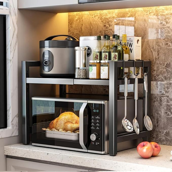 QuickTurn Expandable Microwave Oven Rack Kitchen Countertop Over Microwave Stand Shelf Unit White 2 Tier Space Saving Standing Baker'S Racks for Air Fryer