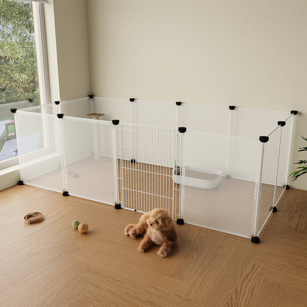 Transparent Plastic Dog Fence with Door Frame, 12-Panel Clear Plastic Dog Playpen with Door Frame, Modular Pet Fence System, Small/Medium Dog Pen with Convenient Access Gate for Indoor Use, Ideal for Home Indoor Use Like Living Room, Bedroom, 149x70x45cm