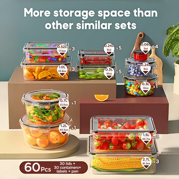 60pcs Food Storage Container Set with Lids - Stackable Plastic Containers (30 Lids + 30 Containers) - Leak-proof, Stackable - Perfect for Kitchen Organization - Containers for Meat, Fruits, And Vegetables - Includes Labels And Pen