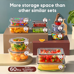 60pcs Food Storage Container Set with Lids - Stackable Plastic Containers (30 Lids + 30 Containers) - Leak-proof, Stackable - Perfect for Kitchen Organization - Containers for Meat, Fruits, And Vegetables - Includes Labels And Pen
