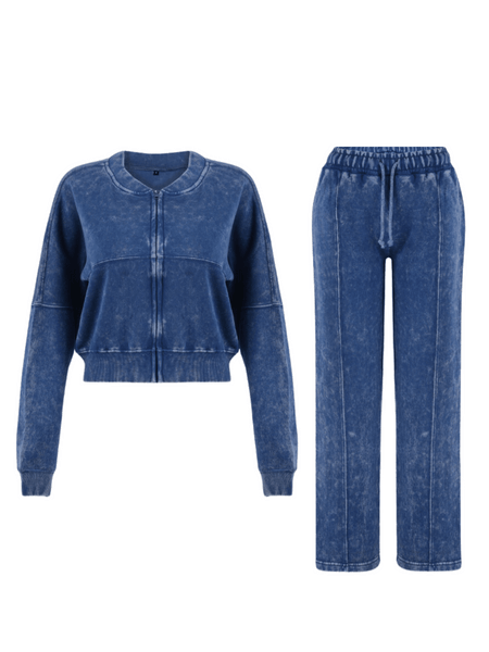 Women Acid Wash Zip Tracksuit Straight Leg Joggers - Stylish Female Jacket - Womenswear Full Sleeve Casual Comfort Zip Style Drawstring Pant