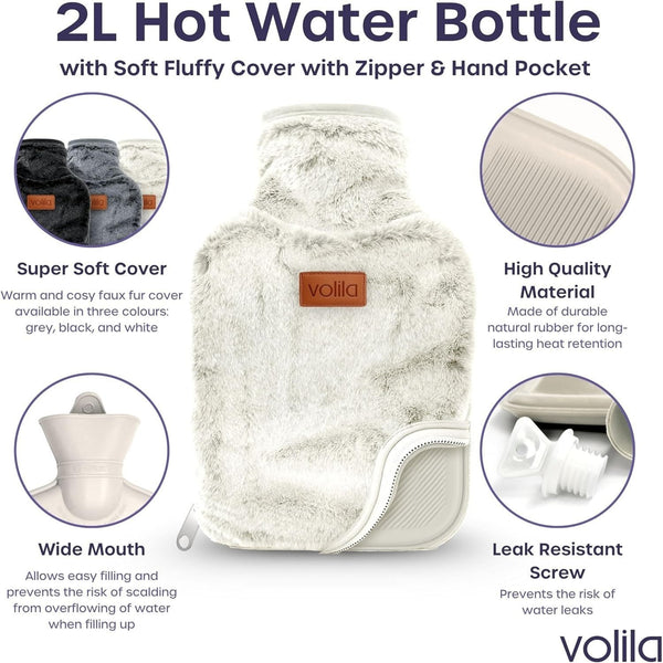 Hot Water Bottle - 2L Hot Water Bottle for Pain Relief, Hand and Foot Warmer - Luxury, Soft and Washable Hot Water Bag for Hot and Cold