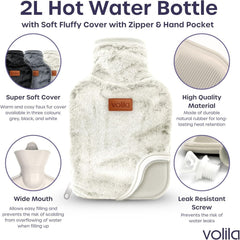 Hot Water Bottle - 2L Hot Water Bottle for Pain Relief, Hand and Foot Warmer - Luxury, Soft and Washable Hot Water Bag for Hot and Cold