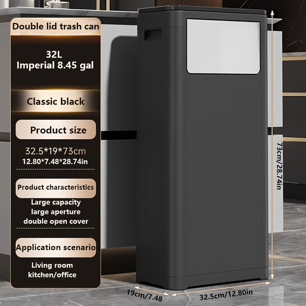 32L Double-Opening Large Capacity Assembled Garbage Bin, Black Plastic Waste Container, Featuring Press/Push Lid Opening Mechanism, Ideal for Kitchen, Living Room, Bedroom, Bathroom, And Commercial Use
