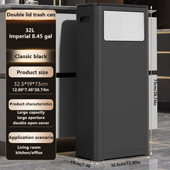 32L Double-Opening Large Capacity Assembled Garbage Bin, Black Plastic Waste Container, Featuring Press/Push Lid Opening Mechanism, Ideal for Kitchen, Living Room, Bedroom, Bathroom, And Commercial Use