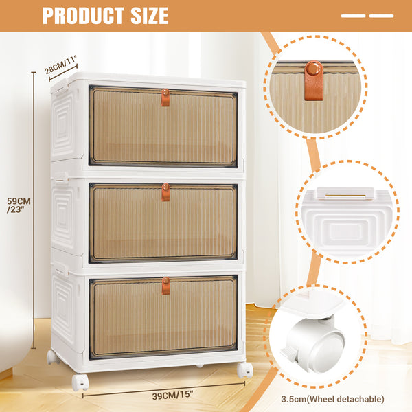 Storage Boxes with Lid - 3/4/5 Tier Plastic Storage Box with Lid, Stackable Storage Boxes with Wheels, Storage Drawers with Front Door, Plastic Box for Home and Office, White