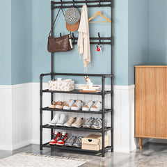 Large Capacity Coat Rack Stand, Metal Hall Tree with 8 Hooks Bag Hat Hanger and Non Woven Fabric Shoe Shelves, Modern Clothes Rack, Versatile 4 Tiers Shoe Rack Bench with Metal Frame for Entryway Hallway Living Room Clothes Drying Rack