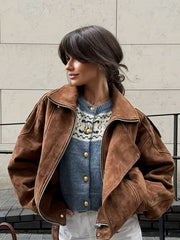 Women'S Elegant Brown Faux Jacket - Long Sleeve Zipper Front Coat with Button Closure, Structured Non-Stretch Fabric for Fall/Winter, Office, Party, Everyday Outfits - Women'S Outerwear Jacket, Ladies Jacket, Party Wear, Sophisticated Style