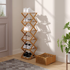 4/5/6/7 Tiers Bamboo Wooden Shoe Rack, Vertical Shoe Racks Storage Shelves Tall Shoe Tower, Collapsible Narrow Shoe Stand, Installation Free Folding X-Shape Shoe Racks Sneakers Slippers Holder Organizer, Multi Functional Shoe Rack Durable Footwear Cabinet