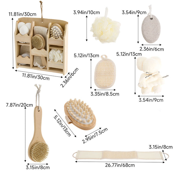 Women Bath Brush Box Set 7pcs with Foot Scrub Stone Massager Bath-Sponges Body Brush Lightweight Shower Accessories for Women Home Spa Travel 30x30x6cm