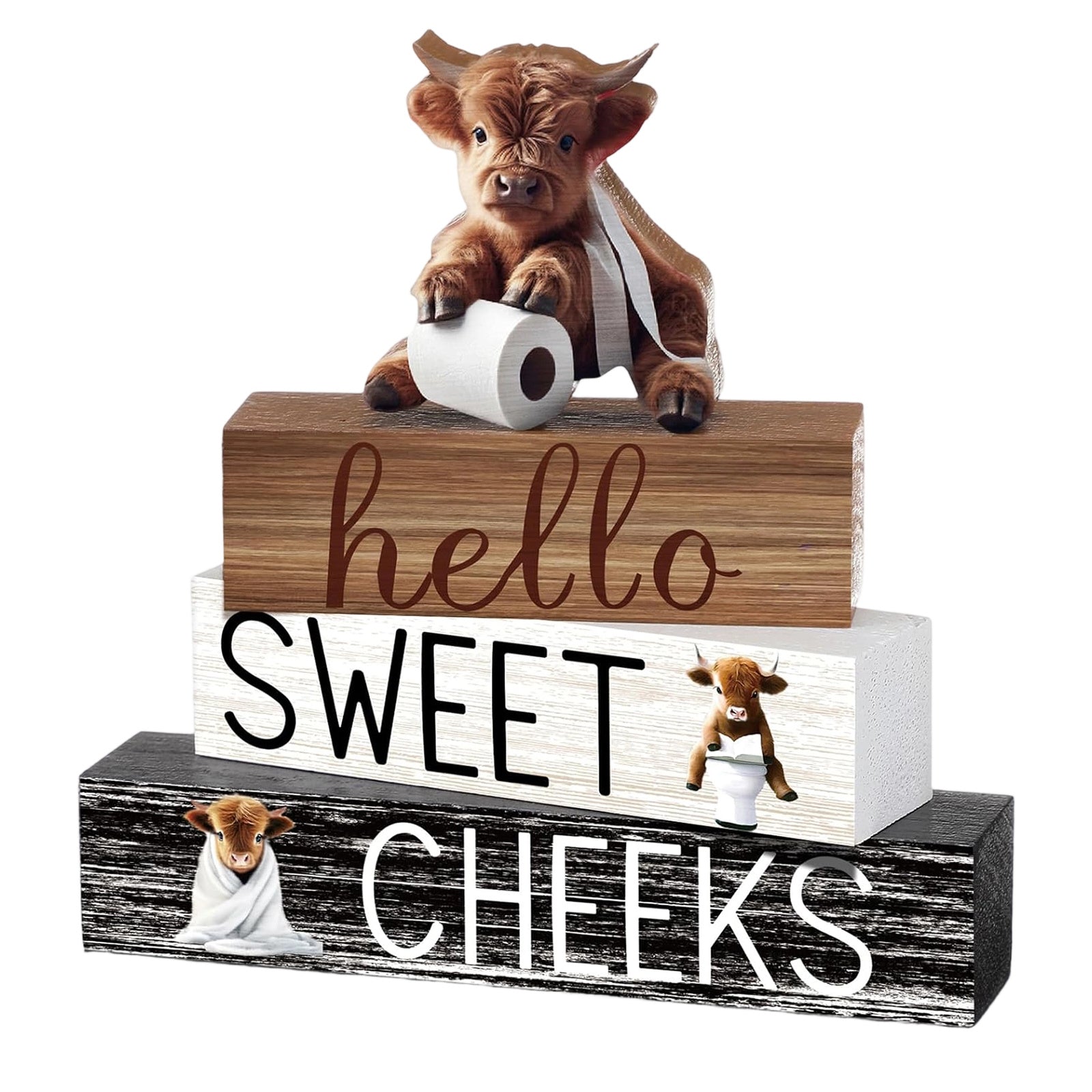 4pcs Wooden Highland (Cattle) Decor - 3 Rustic Scottish Figurines, Animal Blocks for Farmhouse Shelf, Tabletop, or Scottish-Themed Room Décor - Multi- Scottish Cattle Blocks