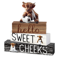 4pcs Wooden Highland (Cattle) Decor - 3 Rustic Scottish Figurines, Animal Blocks for Farmhouse Shelf, Tabletop, or Scottish-Themed Room Décor - Multi- Scottish Cattle Blocks