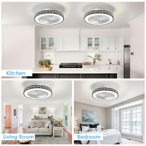 Ceiling Fan with Lights, 48.26cm Bladeless Enclosed Ceiling Fan Iron 48W Low Profile Flush Mount Fans 6 Speeds Dimmable 3000K-6500K Quiet Timing Bedroom Fan Light