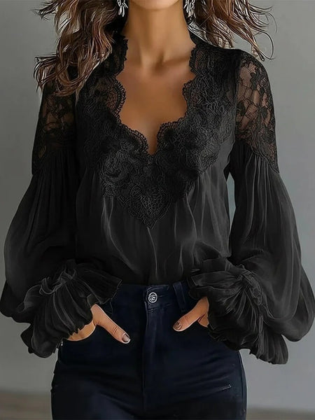 Women'S 2026 Lace Patchwork Pleated Shirt with Puff Sleeves